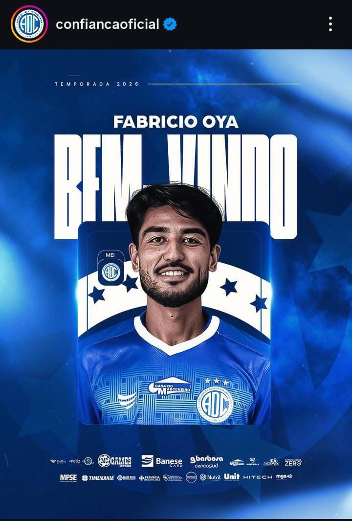 Confiança anuncia meia Fabrício Oya, ex-Corinthians e Itabaiana, para a temporada 2026