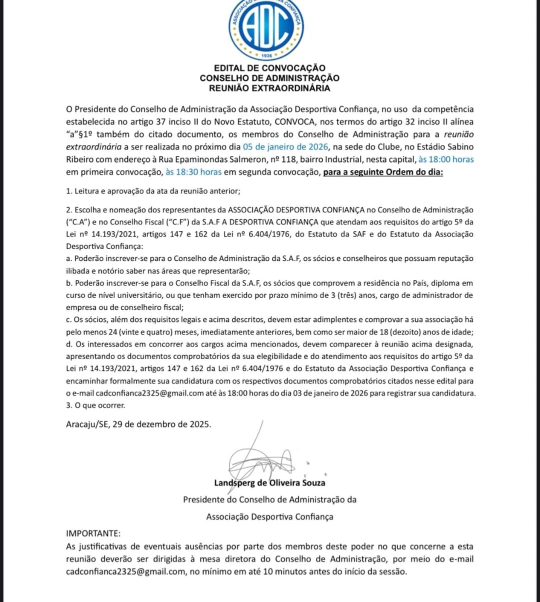 Confiança marca reunião para escolher representantes da associação na SAF do clube