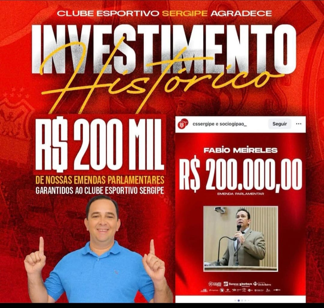 Emenda de R$ 200 mil do vereador Fábio Meireles reforça caixa do Club Sportivo Sergipe