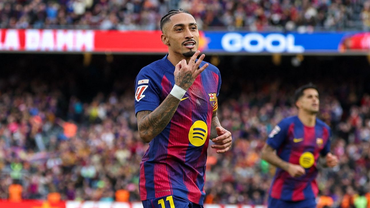 Raphinha marca três vezes, Barcelona goleia Sevilla e mantém vantagem na liderança de LaLiga - Imagem do artigo