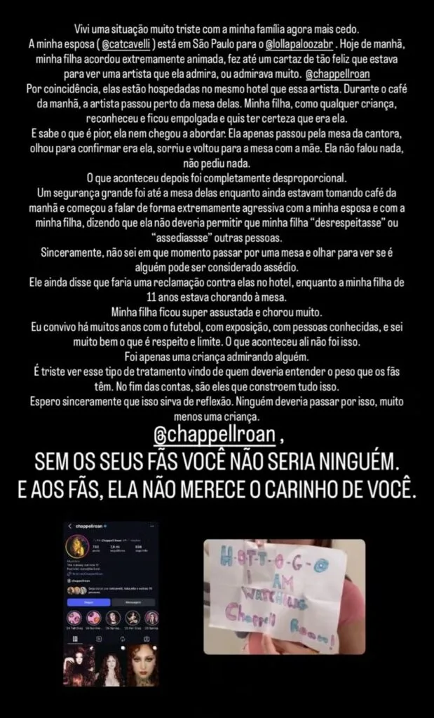 Jorginho critica Chappell Roan após segurança repreender enteada de 11 anos em hotel de SP - Imagem do artigo original