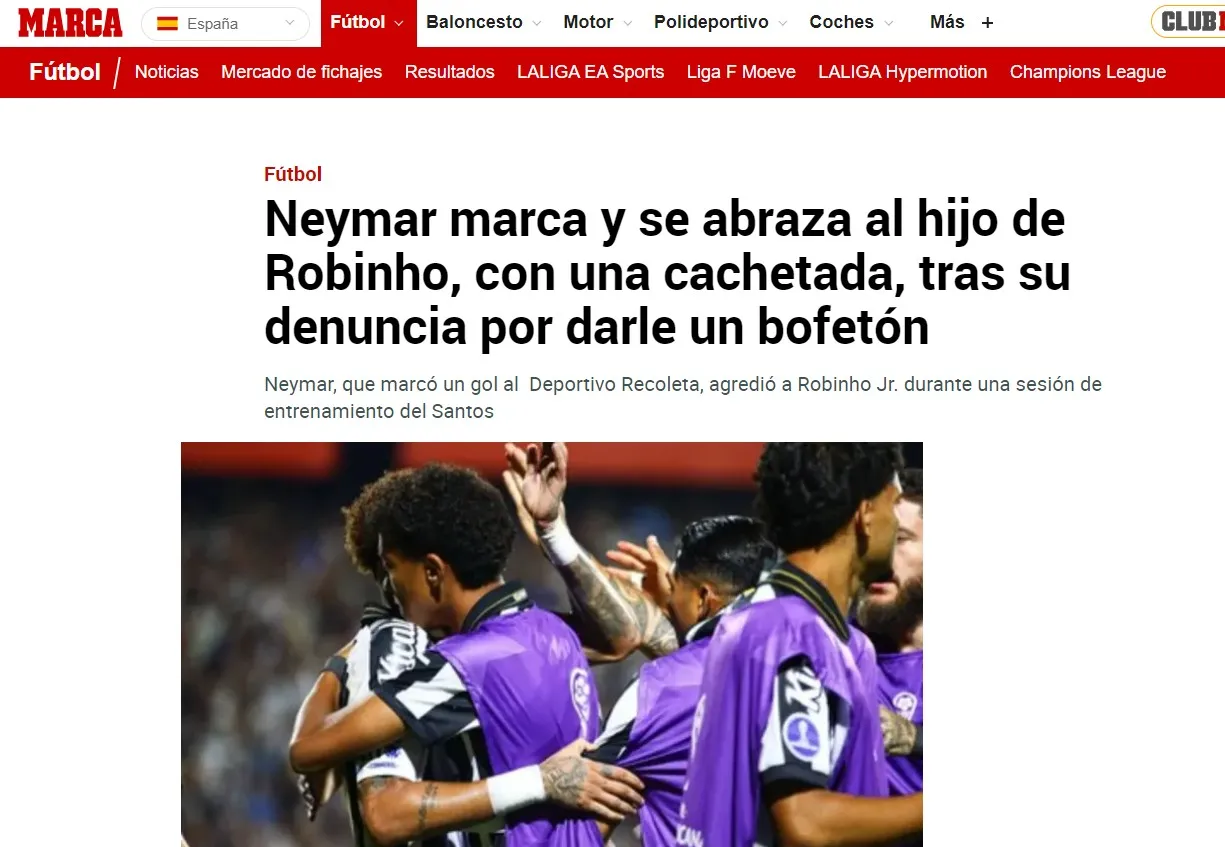 Abraço de Neymar em Robinho Jr. repercute na imprensa espanhola; AS destaca má fase do camisa 10